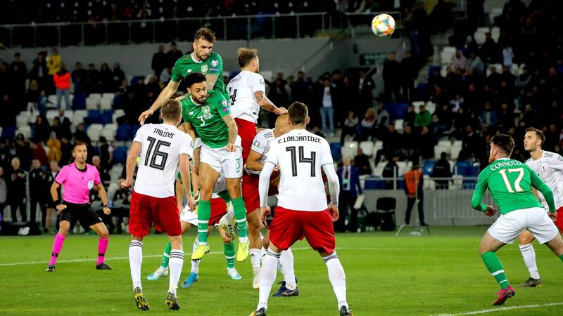 Ireland’s Shane Duffy attempts a header late on in the Euro 2020 Group D qualifier against Georgia at the Boris Paichadze Arena in Tbilisi. Photograph: Ryan Byrne/Inpho