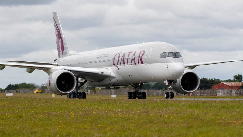 A Qatar Airways Airbus A350  lands at Dublin Airport for the launch of the inaugural Dublin to Doha route. Photograph:  Andres Poveda