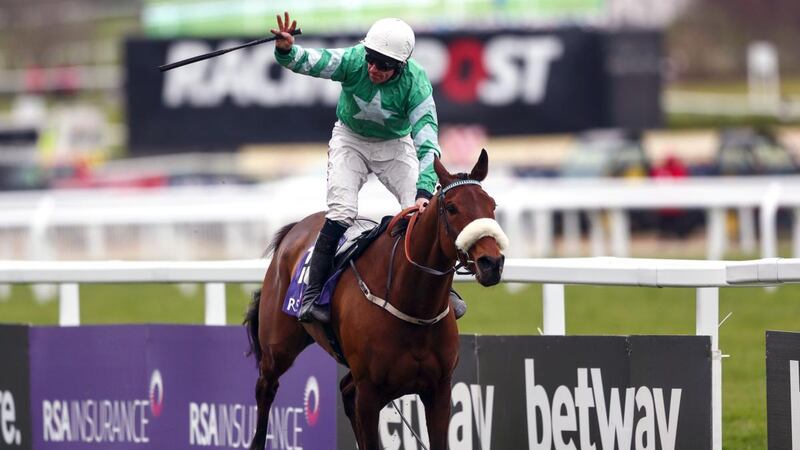 Presenting Percy and Davy Russell win the 2018 RSA Chase. Photograph: James Crombie/Inpho