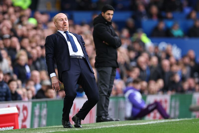 New manager bounce: Sean Dyche and Mikel Arteta watch from the sidelines during Everton's victory over Arsenal. Photograph: by Robbie Jay Barratt - AMA/Getty Images