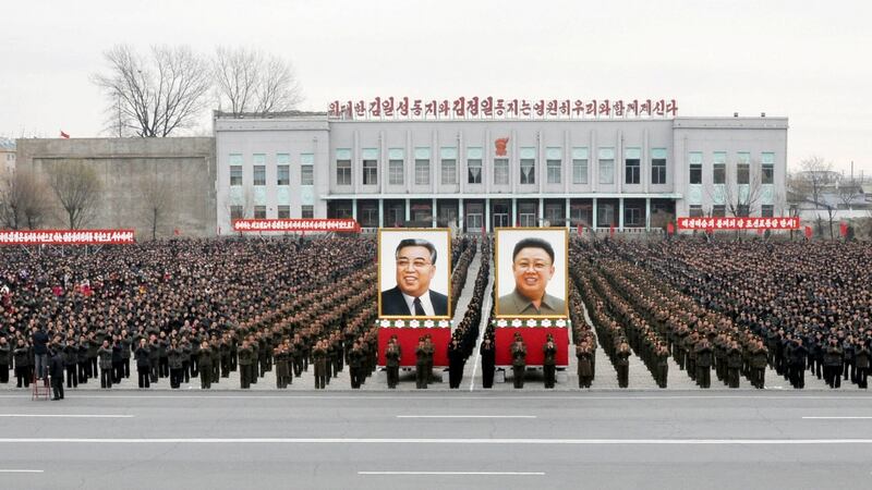 People rally to hail the completion of the state nuclear force, the cause of building  rocket power under the guidance of the Workers’ Party of Korea. Photograph: North Korea’s KCNA news agency