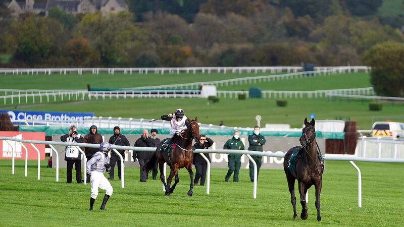 Rachael Blackmore and Gin On Lime head for the final fence after a near fall while Harry Skelton chases after his mount My Drogo during the SSS Super Alloys Novices’ Chase at Cheltenham. Photograph: Zac Goodwin/PA Wire