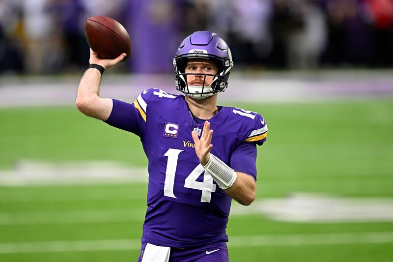 Sam Darnold enjoyed a career-high five touchdowns and 347 passing yards for the Minnesota in the victory over Atlanta. Photograph: Stephen Maturen/Getty Images