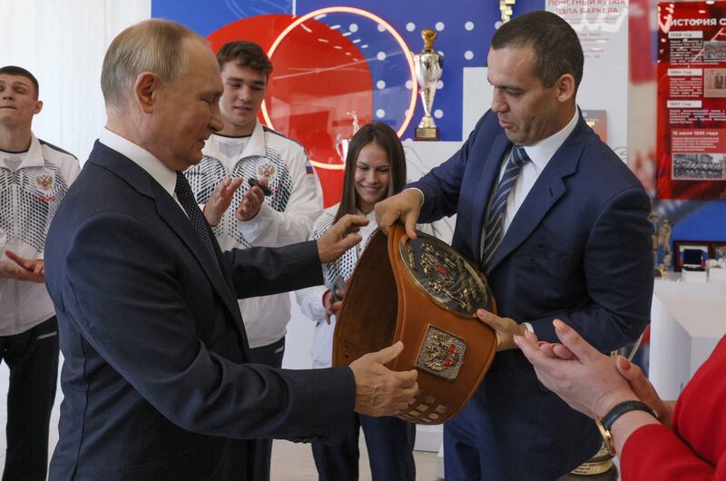 IBA president Umar Kremlev meets Vladimir Putin during a tour of the recently opened international boxing centre at the Luzhniki Sports Complex, Moscow, in September 2022. Photograph: Gavriil GrigorovSPUTNIK/AFP via Getty Images