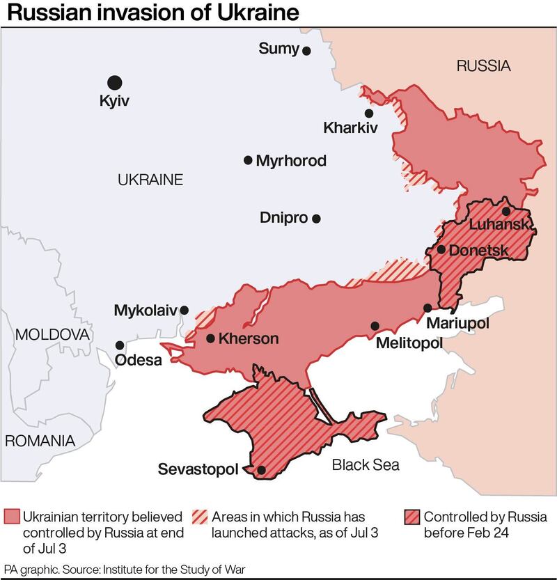 Graphic of Russian-held Ukrainian territories. Graphic: PA Graphics