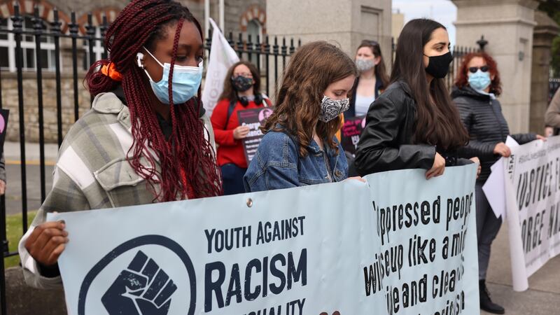 A protest held outside the Coroner’s Court at the inquest into the death of George Nkencho  held at the RDS in Ballsbridge, Dublin. Photograph: Dara Mac Dónaill/The Irish Times