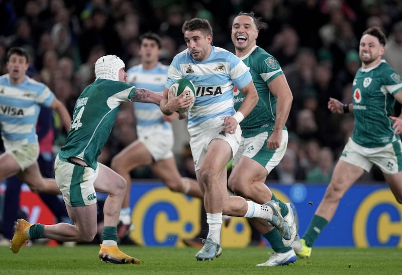 Argentina's Juan Cruz Mallia on his way to scoring his side's first try of the game. Photograph: Brian Lawless/PA Wire
