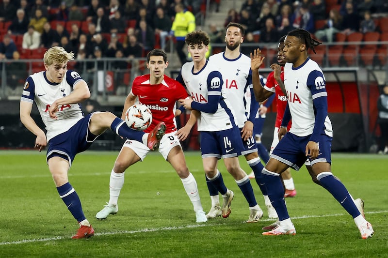 Tottenham midfielder Lucas Bergvall scores an own goal during the Europa League game against AZ Alkmaar at AFAS stadium in Alkmaar. Photograph: Koen Van Weel/ANP/AFP via Getty Images