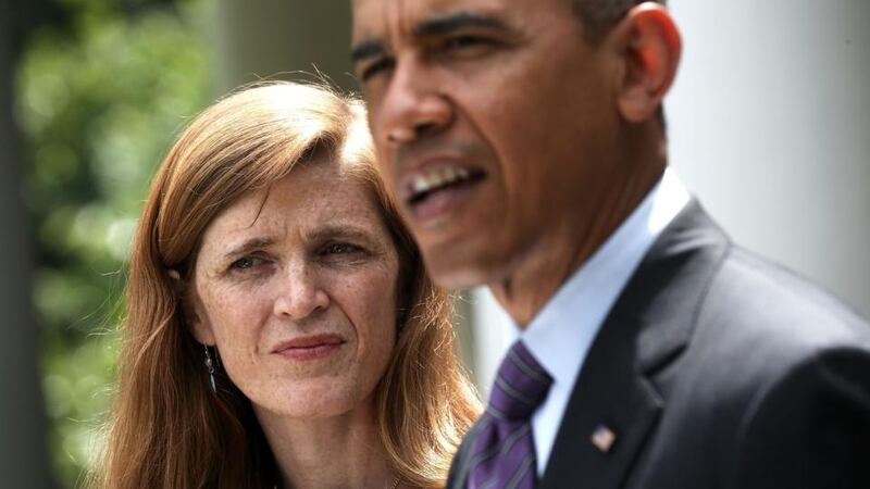 US president Barack Obama (right) speaks as former aide Samantha Power listens during in the Rose Garden at the  White House  in Washington, DC. Photograph: Alex Wong/Getty Images