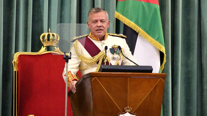 King Abdullah II of Jordan gives the throne speech at the inauguration of the 18th parliament’s third session in Amman. Photograph: Amel Pain