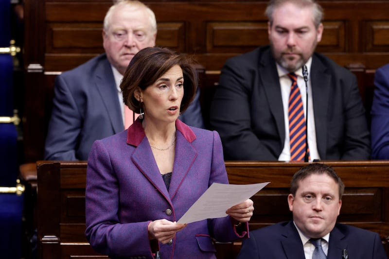 Government Chief Whip Hildegarde Naughton speaking in the Dáil ahead of the vote on the nomination of Micheál Martin as taoiseach. Photograph: Maxwells/PA Wire 
