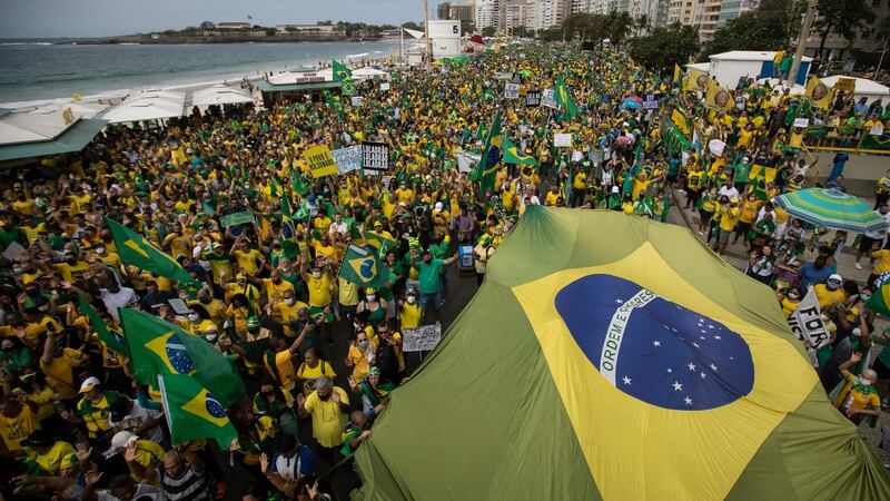 Supporters of Brazilian president Jair Bolsonaro on Copacabana Beach on Independence Day in Rio de Janeiro. Photograph: Bruna Prado/AP Photo