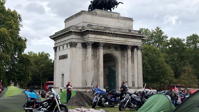 Demonstrators set up camp at Wellington Arch, London, as part of a protest for ‘Soldier F’. Photograph: Tess De La Mare/PA Wire