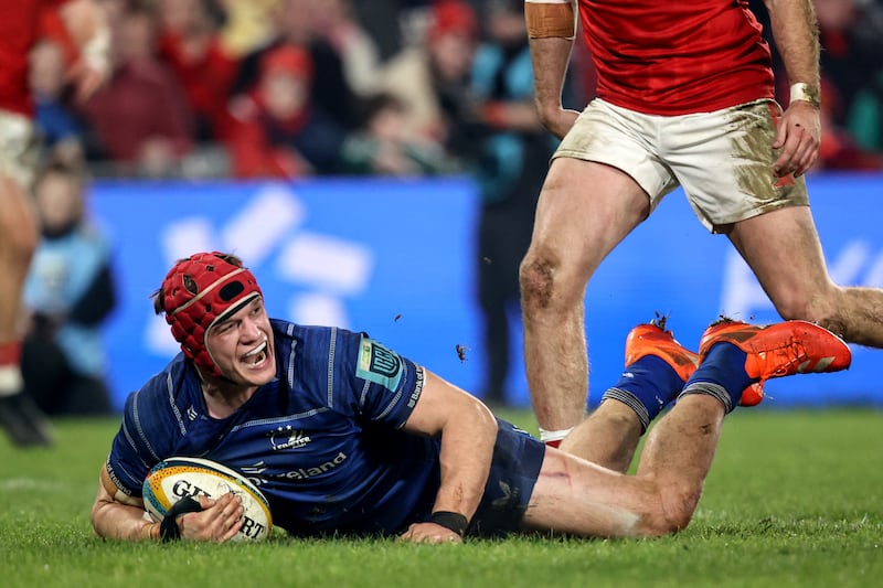 Josh Van der Flier celebrates scoring Leinster's third try. Photograph: Ben Brady/Inpho