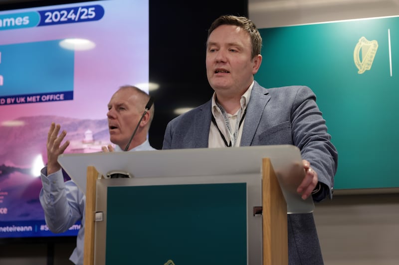 Eoin Sherlock, Met Éireann chief meterologist speaks at a National Emergency Co-ordination Group press conference in preparation for the arrival of Storm Éowyn. Photograph: Chris Maddaloni