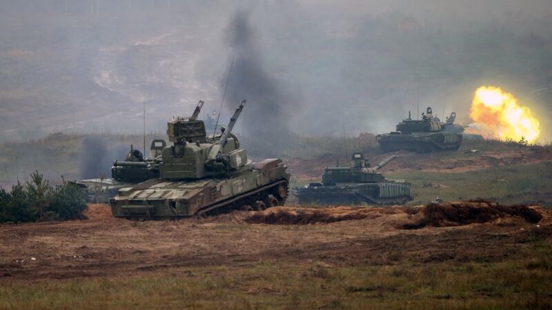 Belarusian tanks in action during Zapad. Photograph: Tatiana Zenkovich/EPA