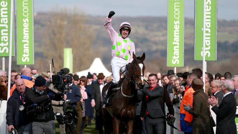 Jockey Ruby Walsh celebrates on Vautour after winning the Sky Bet Supreme Novices’ Hurdle. Photograph: David Davies/PA Wire