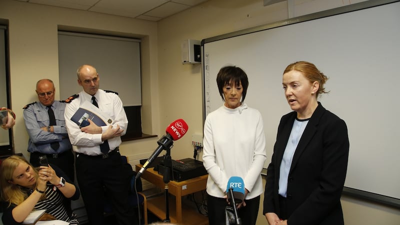 Eilidh MacNab of Tusla, the Child and Family Agency, with Garda Sergeant Fiona Savidge (right) speaking at a press briefing at Balbriggan Garda station. Photograph Nick Bradshaw