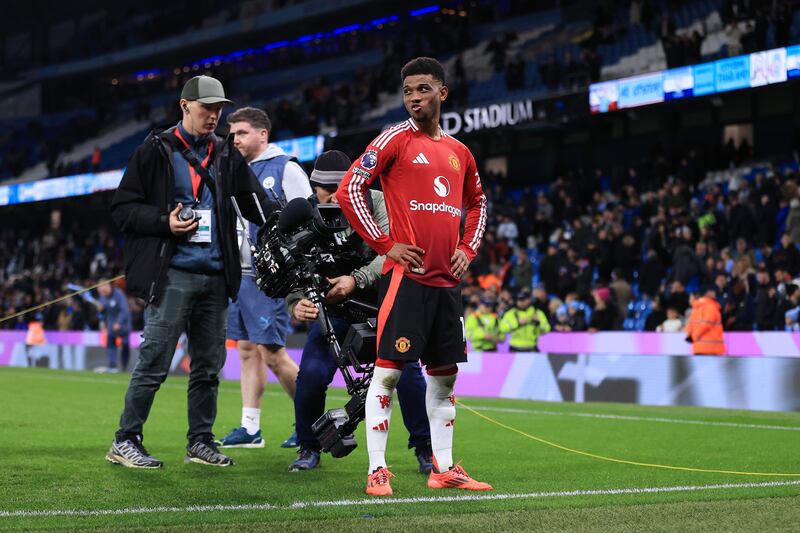 Amad Diallo celebrates after Manchester United's victory over Manchester City at Etihad Stadium. Photograph: Simon Stacpoole/Offside/Offside via Getty Images