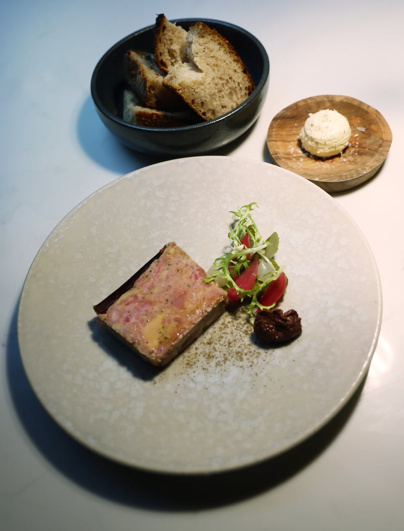 Terrine de Campagne, cornichons, violet mustard. Photograph: Bryan O’Brien

