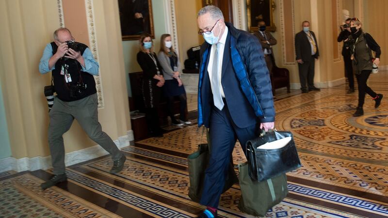 Senate majority leader Charles Schumer in the Capitol on Monday before the impeachment trial began. Photograph:  Brendan Smialowski/AFP via Getty Images