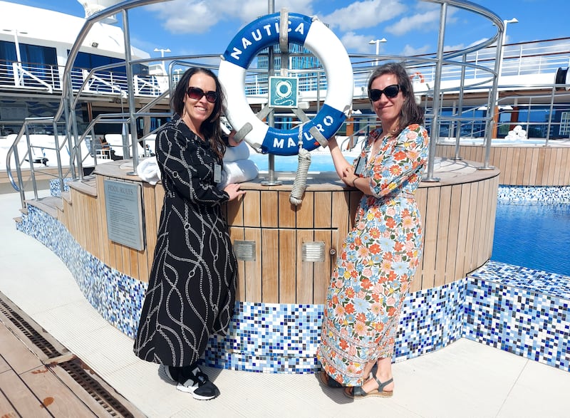 Caroline O’Toole, head of cruises and luxury travel at JWT Travel, and Maria Gople, marketing manager, JWT, check out the amenities on board an Oceania Nautica ship.