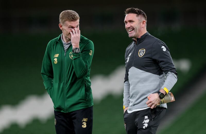 Robbie Keane (right), then Republic of Ireland assistant manager, with James McClean at the Aviva Stadium in November 2019 before a Euro 2020 qualifier against Denmark. Photograph: Inpho/Ryan Byrne