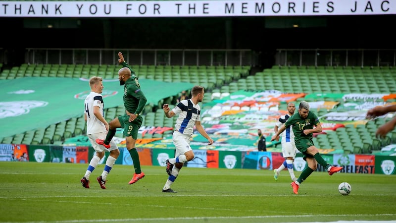 Ireland’s Aaron Connolly takes a shot on goal during the Finland game. Photograph: Ryan Byrne/Inpho