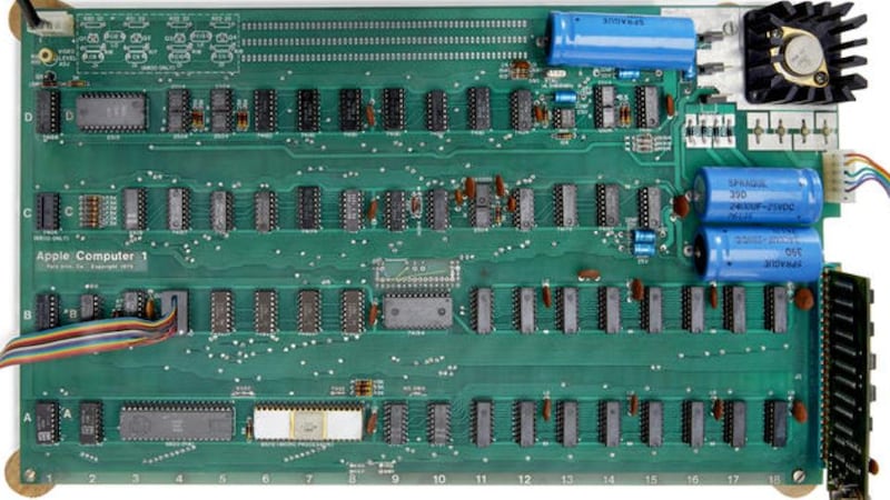 The motherboard of the Apple 1 computer is still intact. Photograph: Bonhams