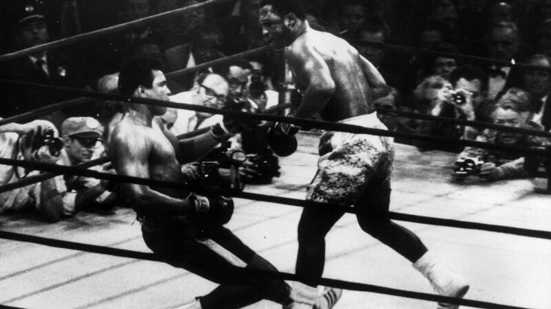 Muhammad Ali goes down in the 15th round to a left hook from world heavyweight champion Joe Frazier who kept the title with an unanimous points win. Photograph: Getty Images