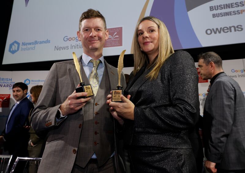 Mark Tighe and Marie Crowe, the journalists who won awards for their investigation into abuse in Irish football.  Photograph Nick Bradshaw