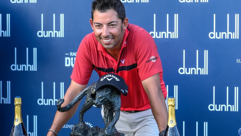 Spain’s  Pablo Larrazabal celebrates winning the Dunhill Golf Championship at the Leopard Creek Golf Course in  Nelspruit, South Africa. Photograph: Christiaan Kotze/EPA