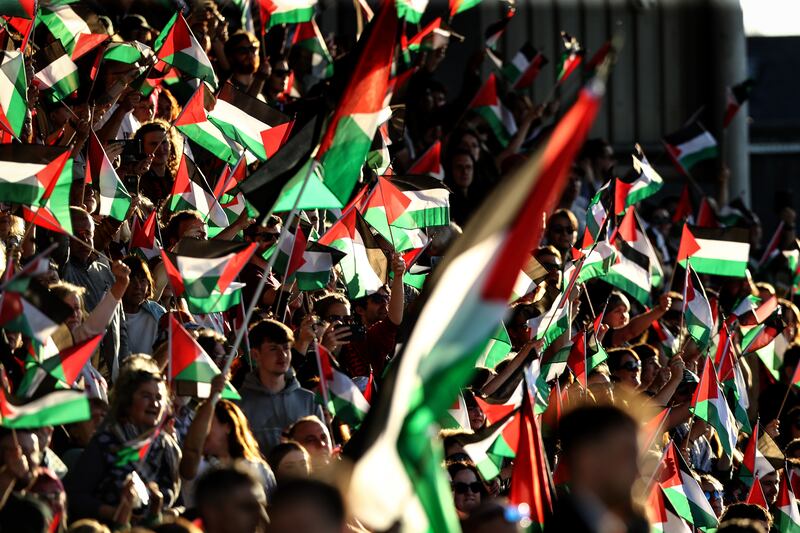 Fans with Palestine flags during the match with Bohemians at Dalymount Park last May. Photograph: Ben Brady/Inpho