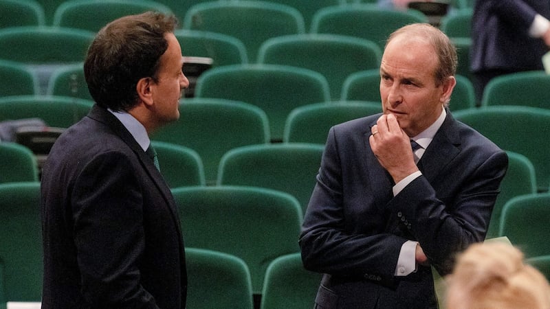 Fianna Fail leader Micheal Martin talks with outgoing Irish prime minister Leo Varadkar inside the Convention Centre. Photograph: Getty Images