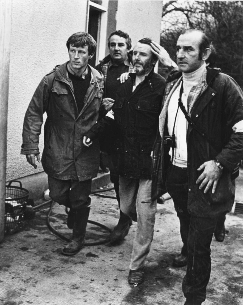 Don Tidey surrounded by detectives at Ballyconnell Garda Station following his rescue in Co Leitrim in 1983. Photograph: Peter Thursfield