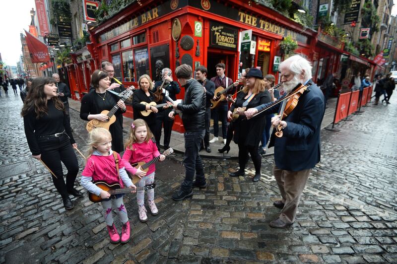 Dubliner John Sheahan with young music fans Kate Mulcahy and Lily Bourke, both from Donabate, folk singer Muireann McDonnell and Ryan O'Shaughnessy ahead of the 2019 TradFest. Photograph: Dara Mac Donaill/ The Irish Times