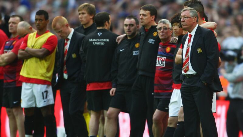 Manchester United manager  Alex Ferguson  looks on in the penalty shootout against Everton  at Wembley Stadium in April 2009. Photograph:  Jamie McDonald/Getty Images