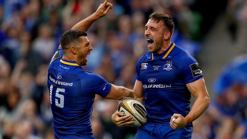 Jack Conan celebrates with Rob Kearney during Leinster’s Pro14 final win over the Scarlets. Photograph: James Crombie/Inpho