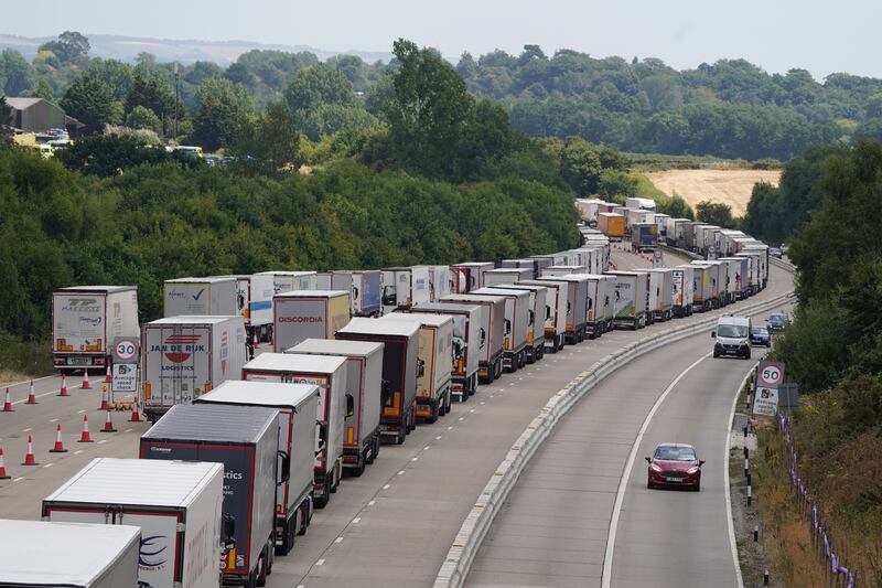 Lorries queuing during Operation Brock on the M20 near Ashford in Kent. Photograph: Gareth Fuller/PA