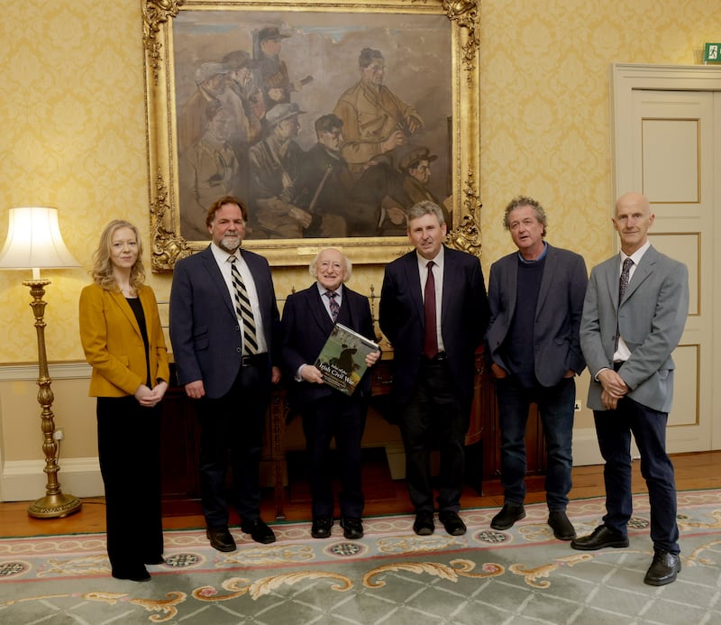 Marking the centenary of Cork University Press were (from left) Helene O’Keeffe, John Borgonovo, President Michael D. Higgins, John Crowley, Donal Ni Drisceoil, and Mike Murphy. Photograph: Maxwells