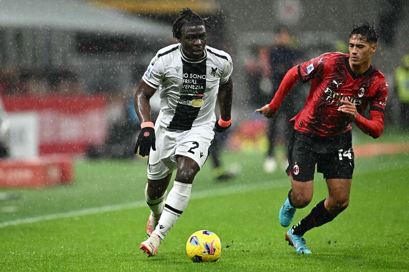 Udinese's Irish defender Festy Ebosele in action against AC Milan. Photograph: Gabriel Bouys/AFP via Getty Images  