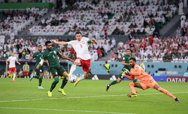 Robert Lewandowski shoots against the post against Saudi Arabia, but he did score in that match, his only ever goal at a World Cup - so far. Photograph: Laurence Griffiths/Getty Images