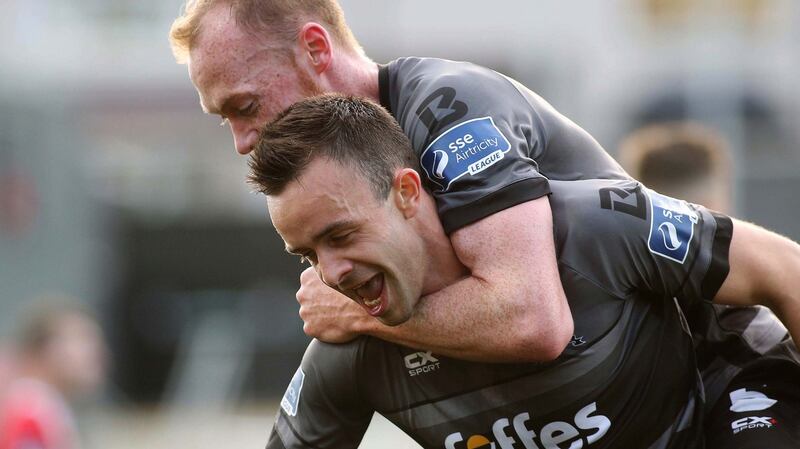 Dundalk’s Robbie Benson celebrates his goal with Chris Shields during the SSE Airtricity League Premier Division game against Derry City at the  Brandywell. Photograph: Lorcan Doherty/Inpho