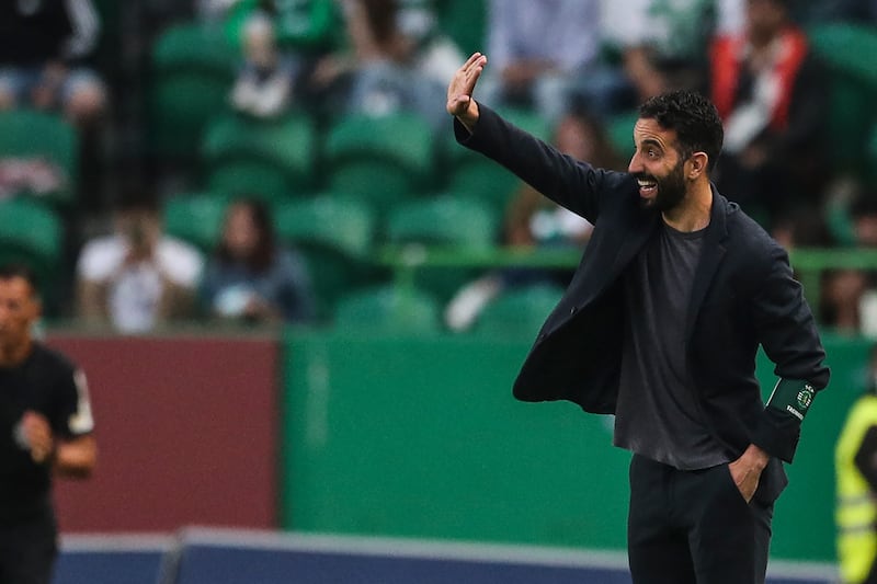 Ruben Amorim gestures during the Portuguese league football match between Sporting CP and CD Santa Clara. Photograph: Carlos Costa/Getty