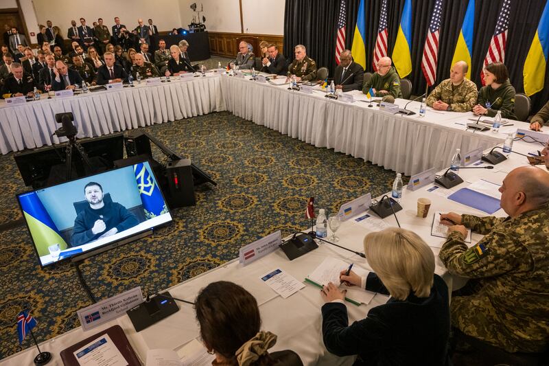 Ukrainian president Volodymyr Selenskiy addresses the defence leaders of western allies gathered in Ramstein, Germany, on Friday. Photograph: Thomas Lohnes/Getty Images