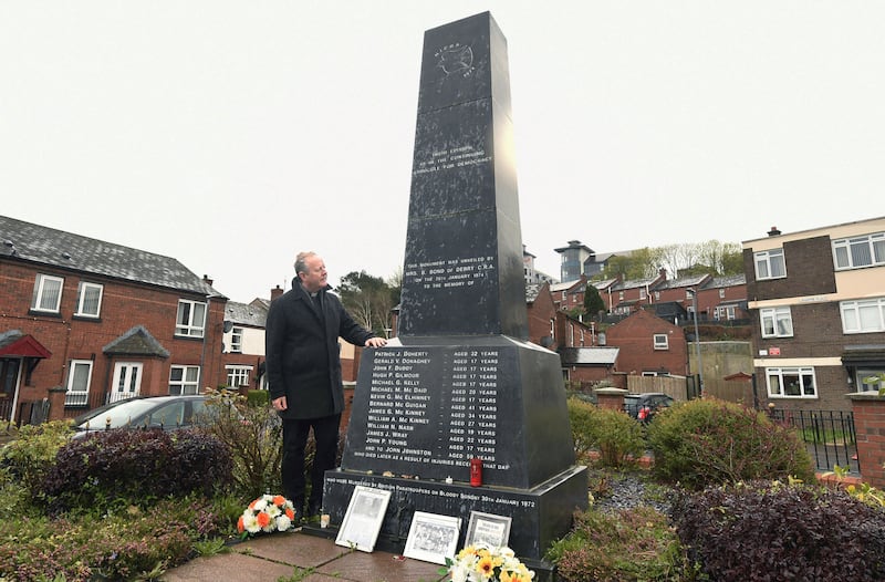 Archbishop Eamon Martin at the Bloody Sunday memorial on Rossville Street, Derry. Photograph: Trevor McBride