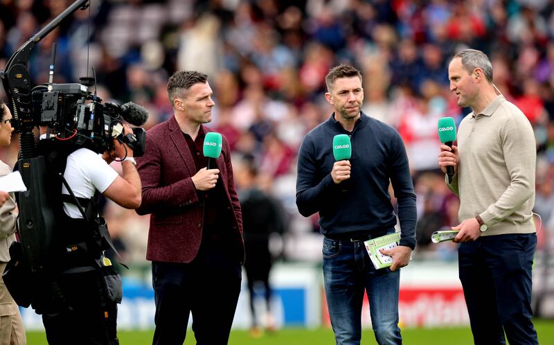 GAAGo analysts’ Paddy Andrews, Marc Ó Sé and Michael Murphy on duty at the Galway versus Derry game at Pearse Stadium. Photograph: Ryan Byrne/Inpho 