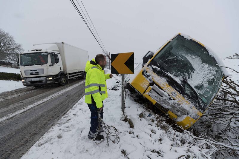 A bus in a ditch between Ennis and Kilrush in Co Clare on Thursday morning. Photograph: Eamon Ward