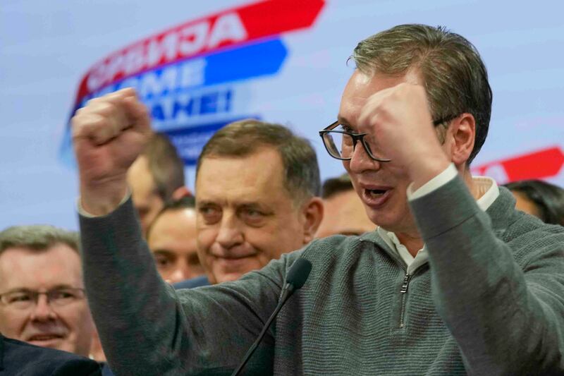 Serbian president Aleksandar Vucic celebrates the election outcome at his party headquarters on Sunday. Photograph: Darko Vojinovic/AP