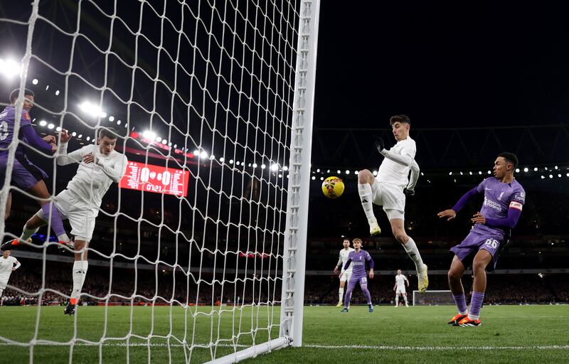 Kai Havertz of Arsenal shoots but misses against Liverpool. Photograph: Julian Finney/Getty